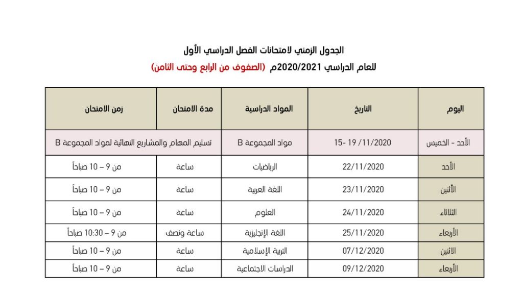 جداول امتحانات الفصل الدراسي الأول للعام الدراسي 2020 2021 برق الإمارات